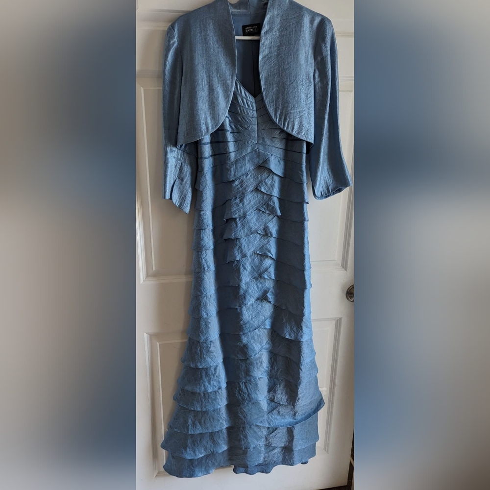 Adrianna Pappell Tiered Petal Spaghetti Stap Blue Dress with Bolero Jacket